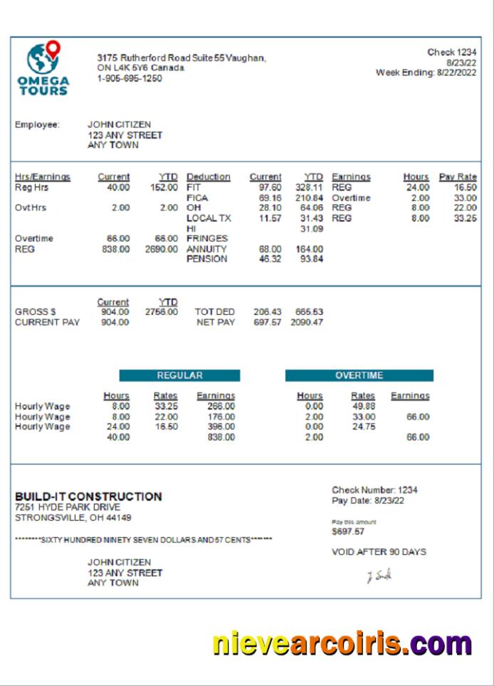 USA Omega Tours tourism company pay stub